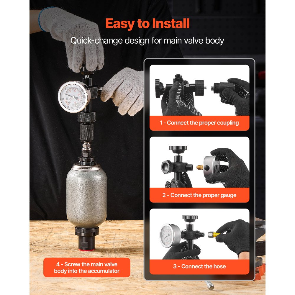 VEVOR Hydraulic Nitrogen Accumulator Charging Kit, All-in-One Nitrogen Fill Kit, Pressure Test System with 3 Gauges (1500, 4000, 6000 PSI), 6 Adapters Couplings, 1 Gas Hose, 1 Valve, 1 CGA580 Adapter