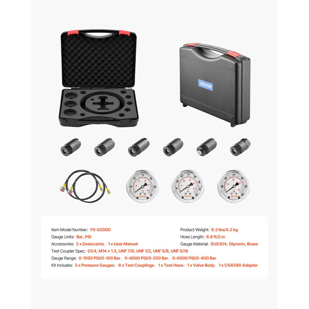VEVOR Hydraulic Nitrogen Accumulator Charging Kit, All-in-One Nitrogen Fill Kit, Pressure Test System with 3 Gauges (1500, 4000, 6000 PSI), 6 Adapters Couplings, 1 Gas Hose, 1 Valve, 1 CGA580 Adapter
