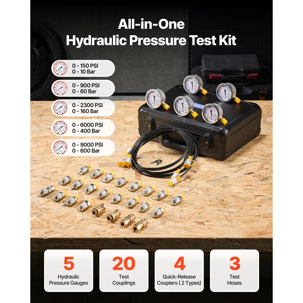 Vevor Hydraulic Pressure Test Kit 5 Gauges 20 Couplings 4 Quick Connec – FactoryPure
