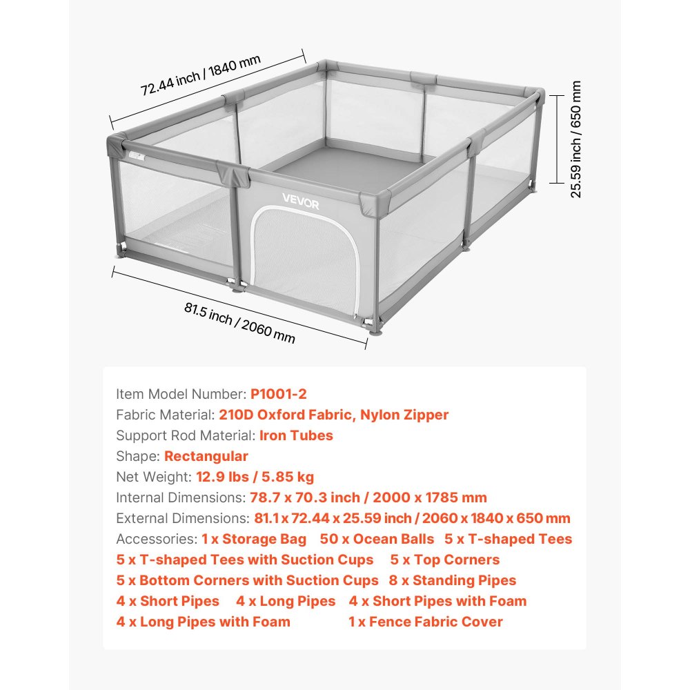 VEVOR Baby Playpen, 78.7″ x 70.3″ Extra Large Playpen for Babies Toddlers, Indoor/Outdoor Baby Fence Play Yard, No-Gap Safety Activity Center with 50 Ocean Balls, Zippered Door & Soft Breathable Mesh
