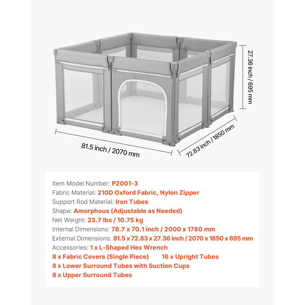 VEVOR Baby Playpen, 78.7″ x 70.1″ Extra Large Toddlers Playpen, Foldable Baby Fence Play Yard with Zippered Door & Soft Breathable Mesh, Indoor Outdoor Safety Activity Center - Great Gift for Toddlers