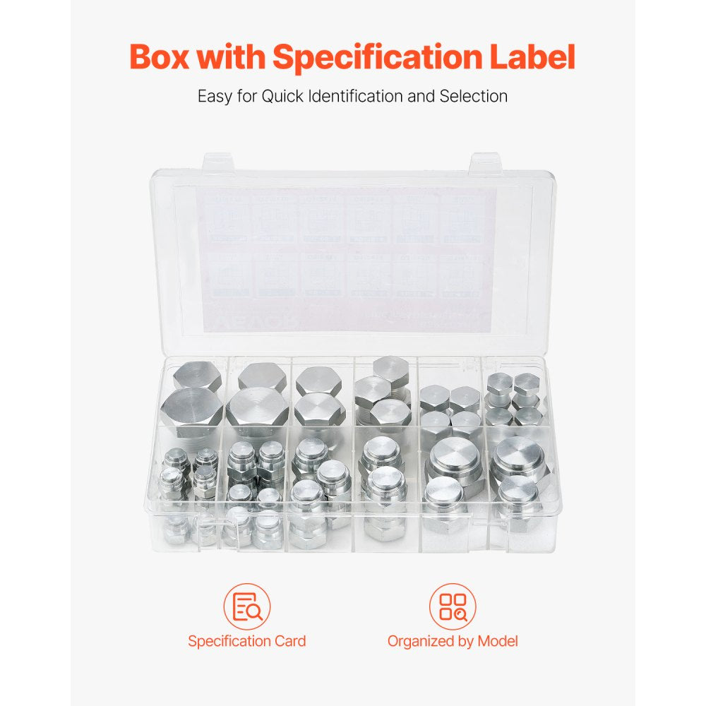 VEVOR 64 PCS BSPP Hydraulic Fittings, Hydraulic Cap and Plug Kit with Precision Threading, Galvanized Steel Heavy Duty Hydraulic Fitting Adapter Kit, Dash Sizes 04/06/08/10/12/16