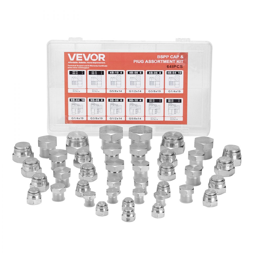 VEVOR 64 PCS BSPP Hydraulic Fittings, Hydraulic Cap and Plug Kit with Precision Threading, Galvanized Steel Heavy Duty Hydraulic Fitting Adapter Kit, Dash Sizes 04/06/08/10/12/16