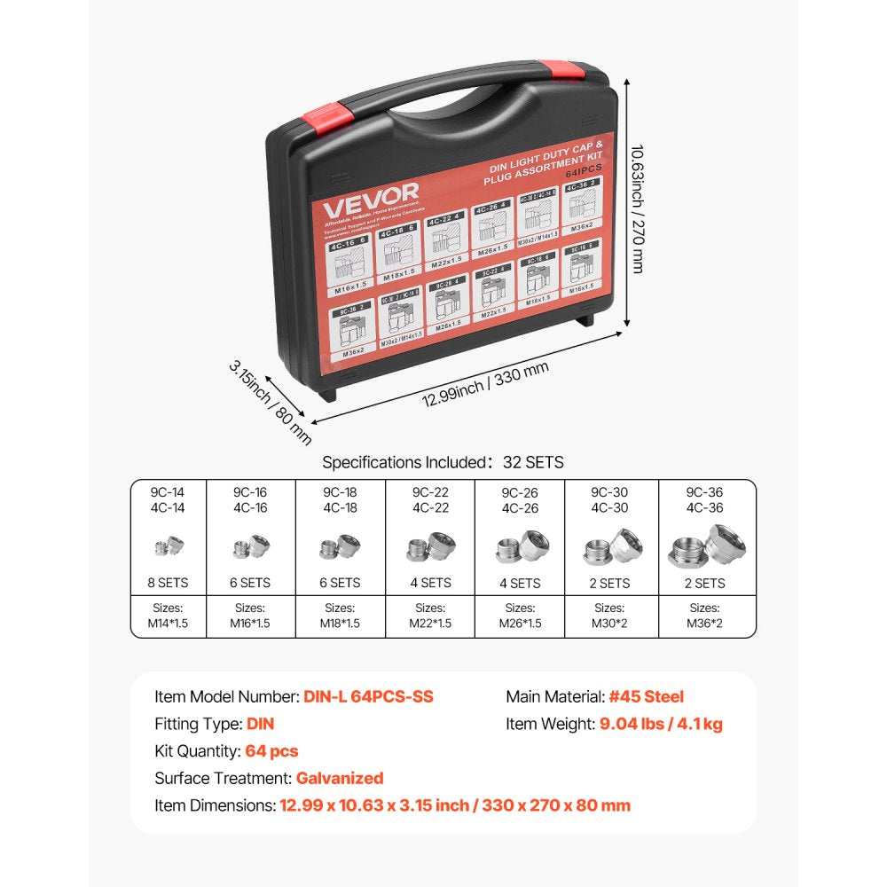VEVOR 64 PCS DIN Hydraulic Fittings, Heavy Duty Master Industrial Hydraulic Cap and Plug, Hose Tube and Pipe Fitting Kit, Cap and Plug Kit with Precision Threading, Dash Sizes 14/16/18/22/26/30/36