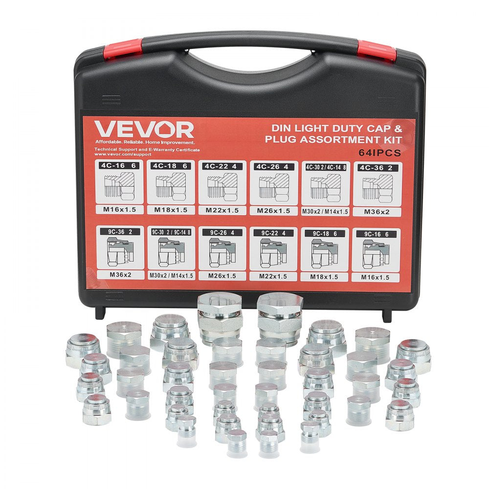 VEVOR 64 PCS DIN Hydraulic Fittings, Heavy Duty Master Industrial Hydraulic Cap and Plug, Hose Tube and Pipe Fitting Kit, Cap and Plug Kit with Precision Threading, Dash Sizes 14/16/18/22/26/30/36