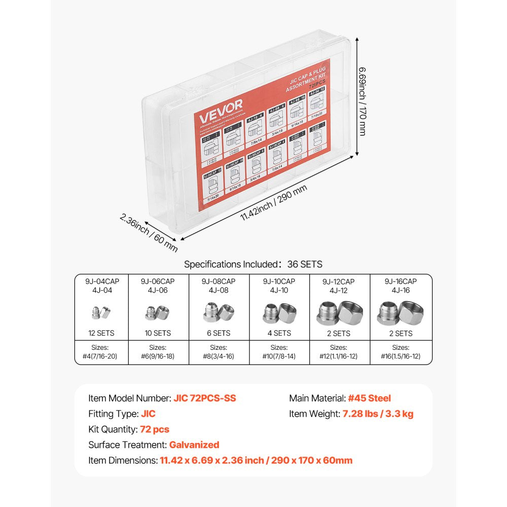 VEVOR 72 PCS JIC Hydraulic Fittings, Heavy Duty Master Industrial Hydraulic Cap and Plug, Hose Tube and Pipe Fitting Kit Cap and Plug Kit Precision Threading in 37° Dash Sizes 4 6 8 10 12 16