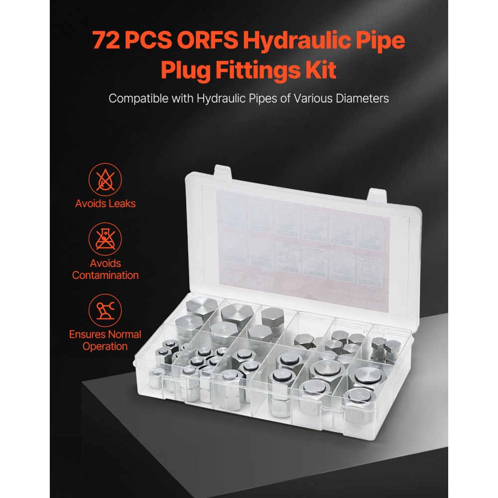 VEVOR 72 PCS ORFS Hydraulic Fittings, O Ring Face Seal Fitting Kit, Hydraulic Hose Tube and Pipe Fittings, Cap and Plug Set for Hydraulics, O Ring Assortment Kit Precision Thread, Sizes 4 6 8 10 12 16