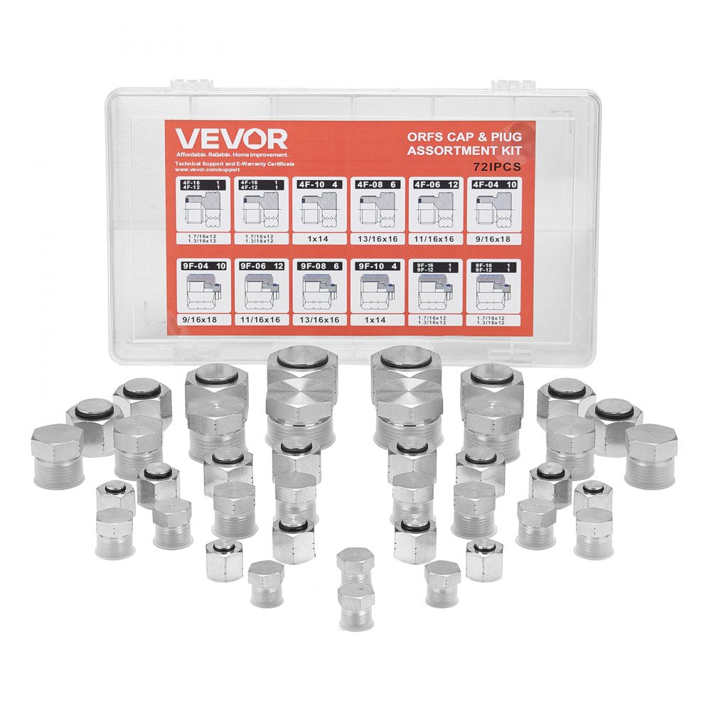 VEVOR 72 PCS ORFS Hydraulic Fittings, O Ring Face Seal Fitting Kit, Hydraulic Hose Tube and Pipe Fittings, Cap and Plug Set for Hydraulics, O Ring Assortment Kit Precision Thread, Sizes 4 6 8 10 12 16