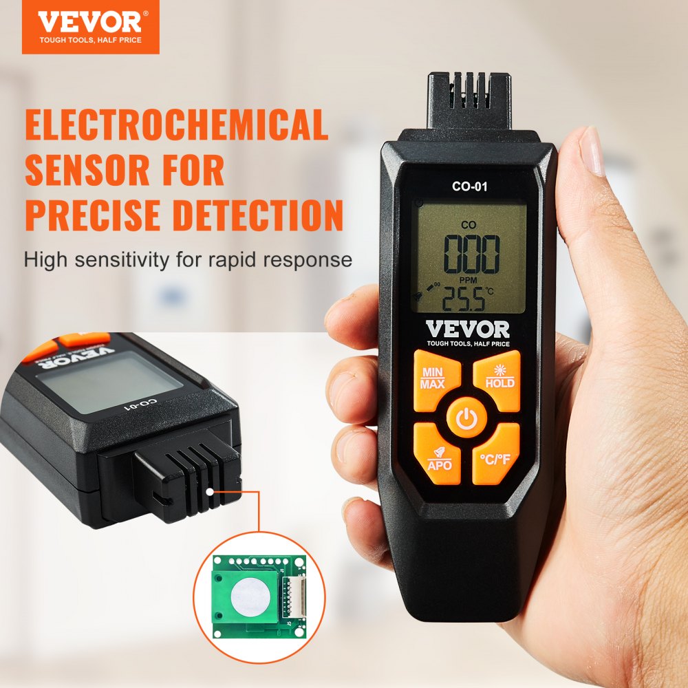 VEVOR CO Gas Monitor, 0-1000PPM Range, Features Sound & Light Warning, Handheld Carbon Monoxide Meter with Temp Sensing, Digital Display with Backlight, Suitable for Household/Industrial Use, Inclu