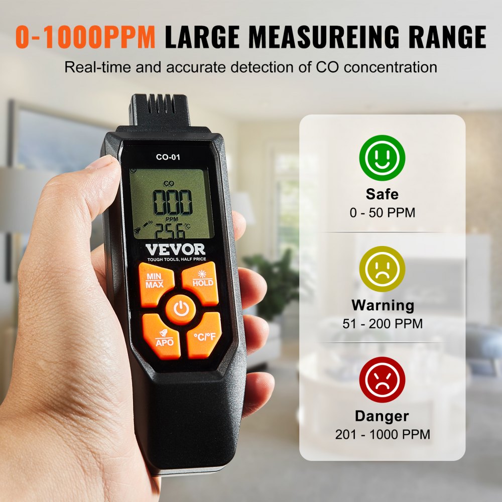 VEVOR CO Gas Monitor, 0-1000PPM Range, Features Sound & Light Warning, Handheld Carbon Monoxide Meter with Temp Sensing, Digital Display with Backlight, Suitable for Household/Industrial Use, Inclu
