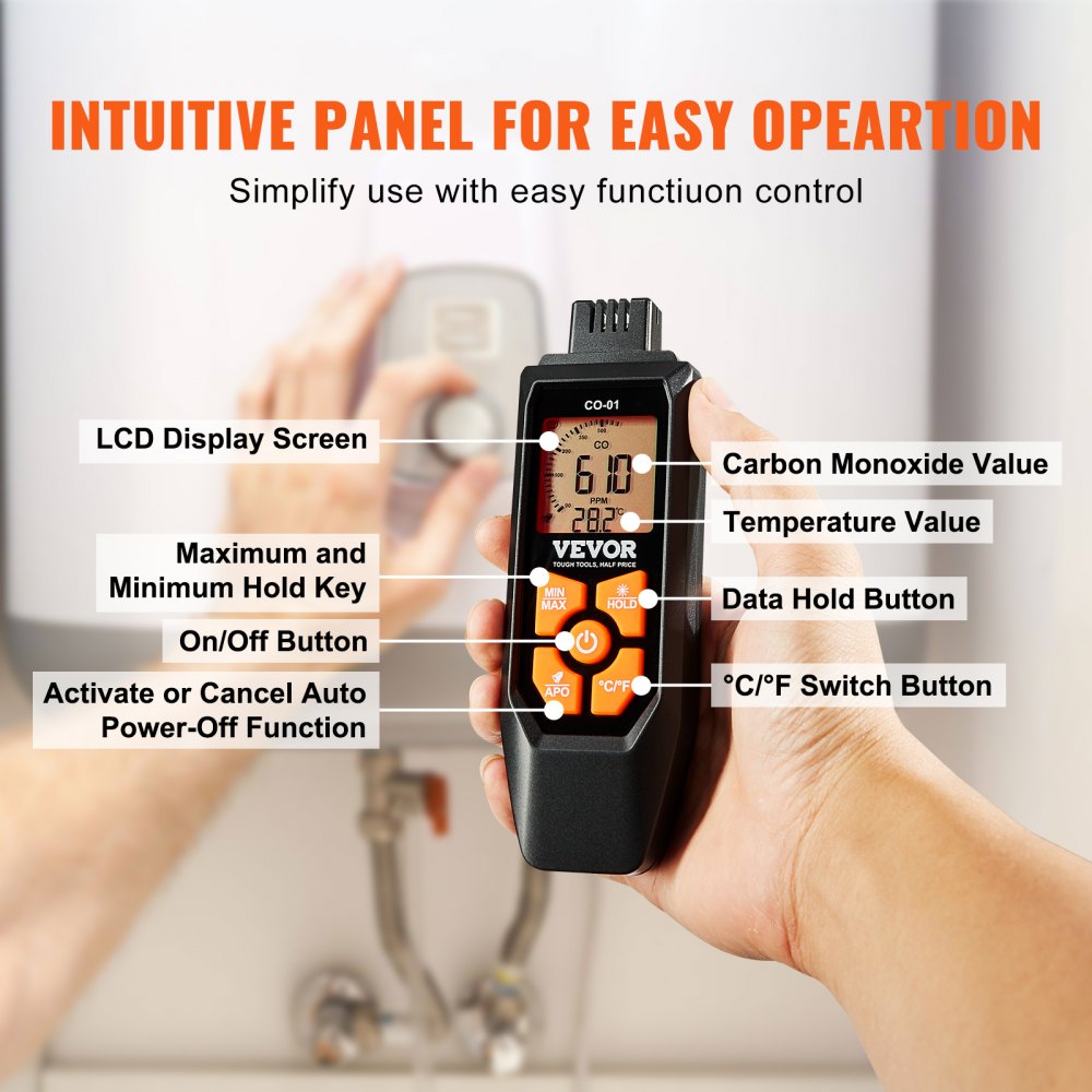 VEVOR CO Gas Monitor, 0-1000PPM Range, Features Sound & Light Warning, Handheld Carbon Monoxide Meter with Temp Sensing, Digital Display with Backlight, Suitable for Household/Industrial Use, Inclu