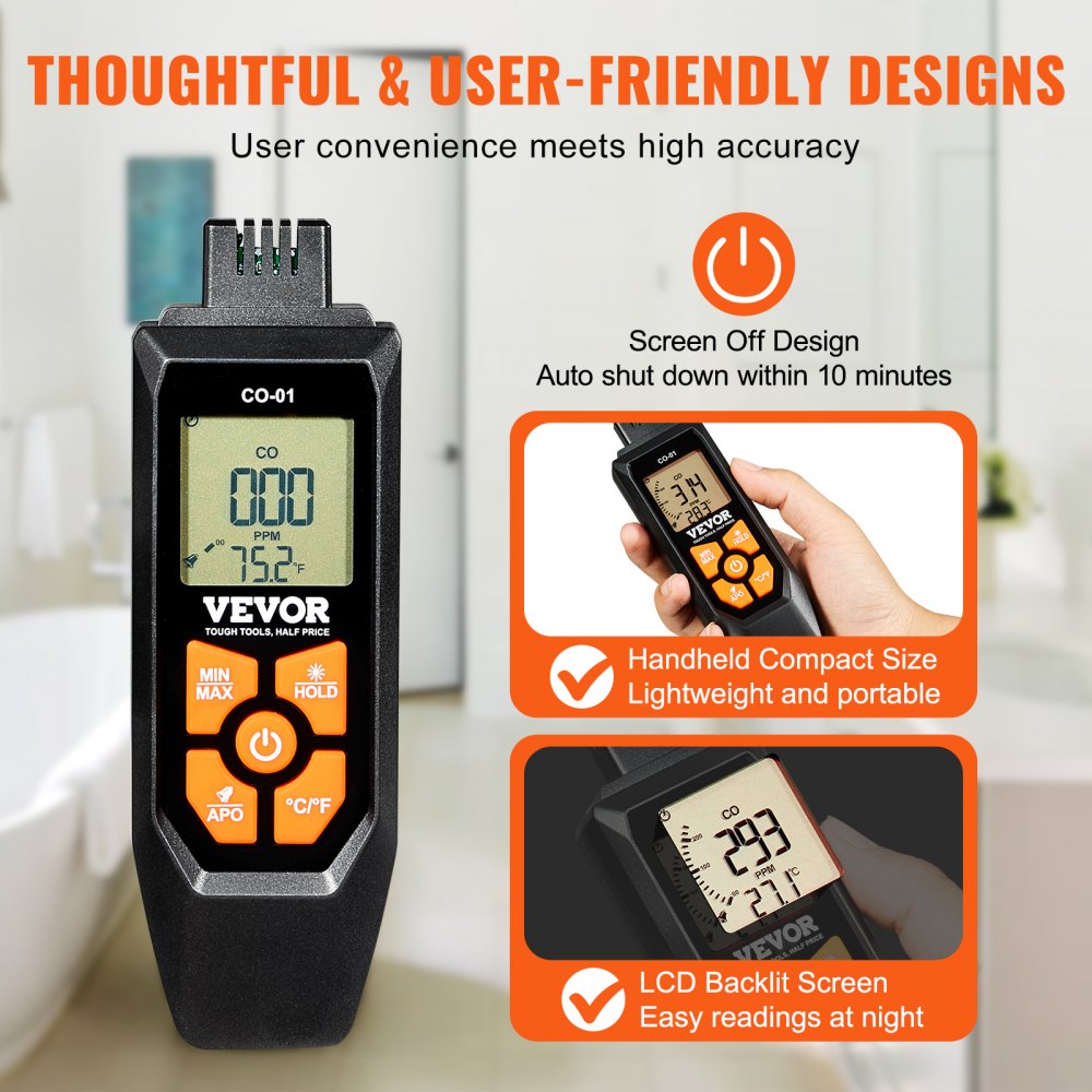 VEVOR CO Gas Monitor, 0-1000PPM Range, Features Sound & Light Warning, Handheld Carbon Monoxide Meter with Temp Sensing, Digital Display with Backlight, Suitable for Household/Industrial Use, Inclu