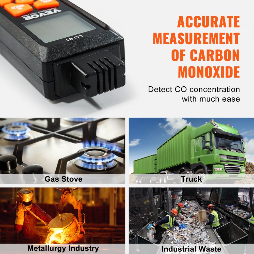 VEVOR CO Gas Monitor, 0-1000PPM Range, Features Sound & Light Warning, Handheld Carbon Monoxide Meter with Temp Sensing, Digital Display with Backlight, Suitable for Household/Industrial Use, Inclu