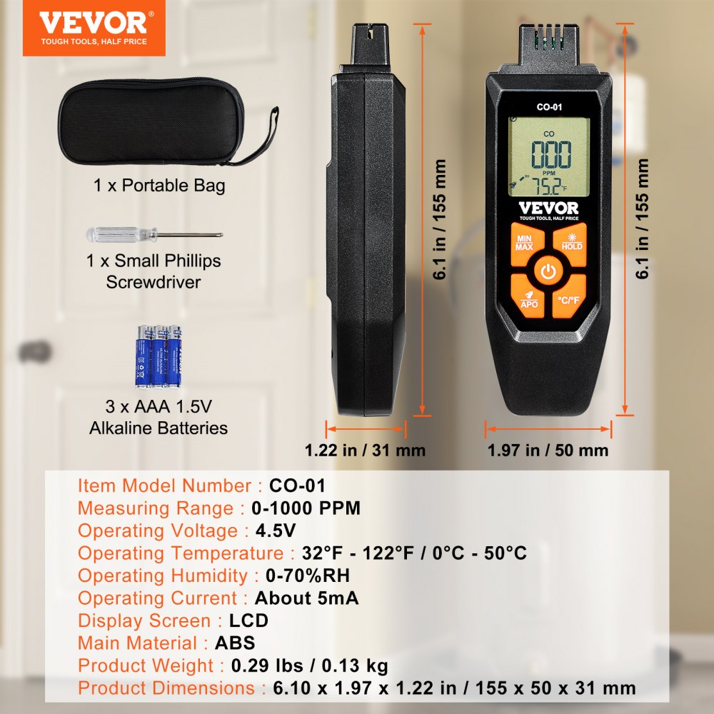 VEVOR CO Gas Monitor, 0-1000PPM Range, Features Sound & Light Warning, Handheld Carbon Monoxide Meter with Temp Sensing, Digital Display with Backlight, Suitable for Household/Industrial Use, Inclu