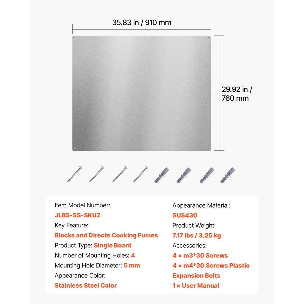 VEVOR 36" x 30" Stainless Steel Backsplash for Stove, Ultra Flat Splatter Guard, Wall Shield Range Hood Backsplash, Easy Clean Kitchen Wall Metal Panel, Pre-Drilled Holes for Easy Installation, Silver