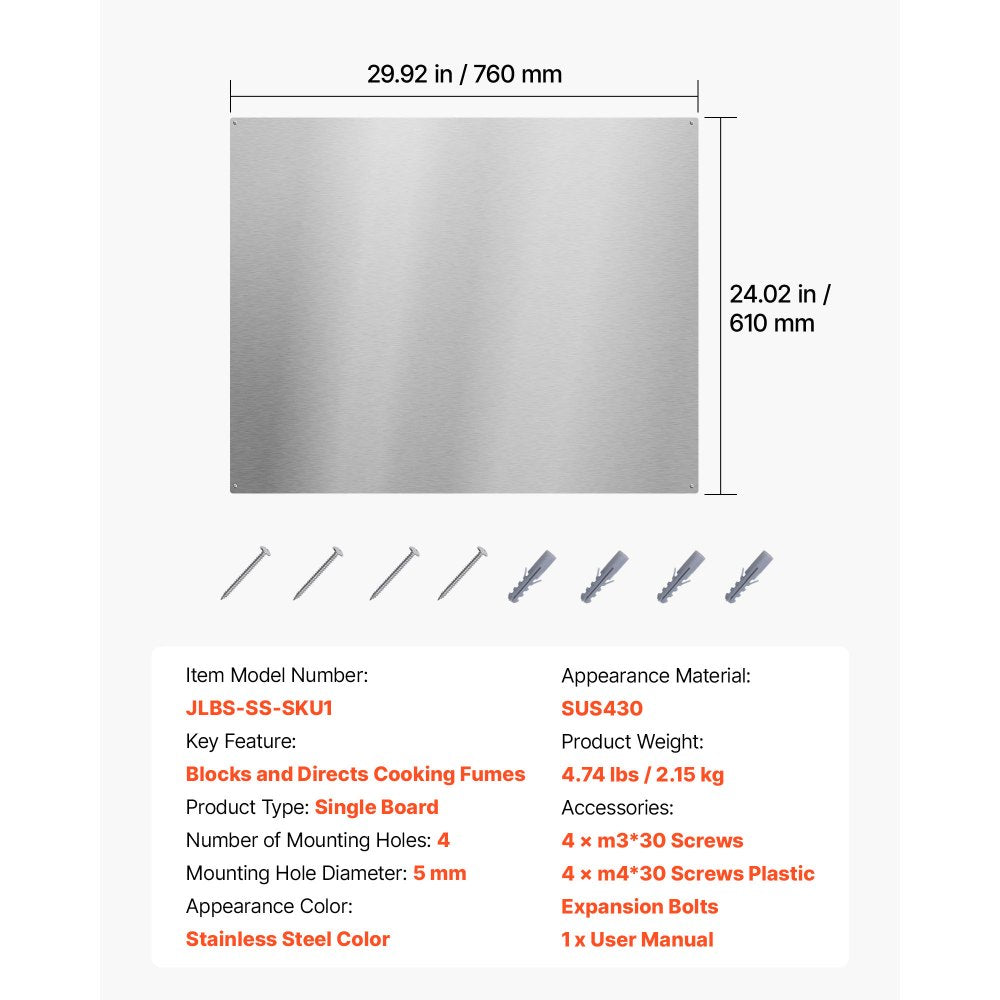 VEVOR 30" x 24" Stainless Steel Backsplash for Stove, Ultra Flat Splatter Guard, Wall Shield Range Hood Backsplash, Easy Clean Kitchen Wall Metal Panel, Pre-Drilled Holes for Easy Installation, Silver