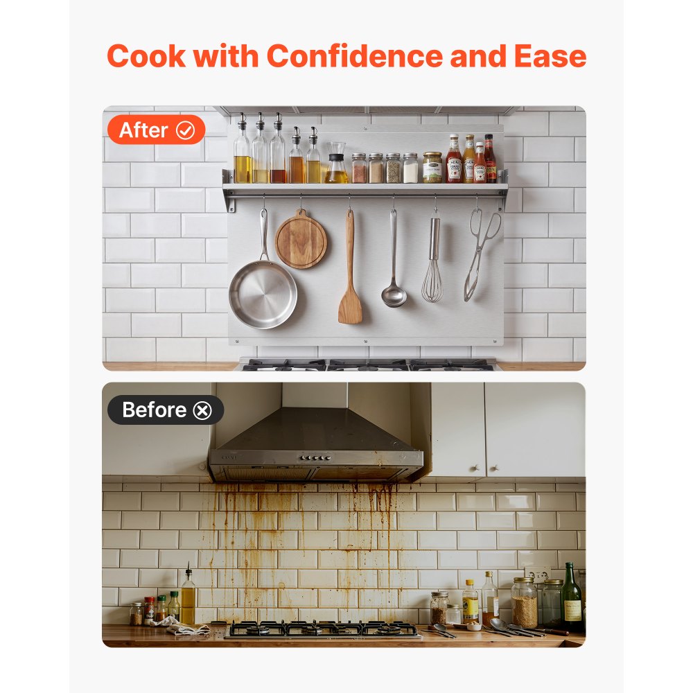 VEVOR 30" x 24" Stainless Steel Backsplash for Stove, Ultra Flat Splatter Guard with Storage Shelf & Hanging Rack, Wall Shield Range Hood Panel, Easy Clean, Pre-Drilled Holes for Easy Installation