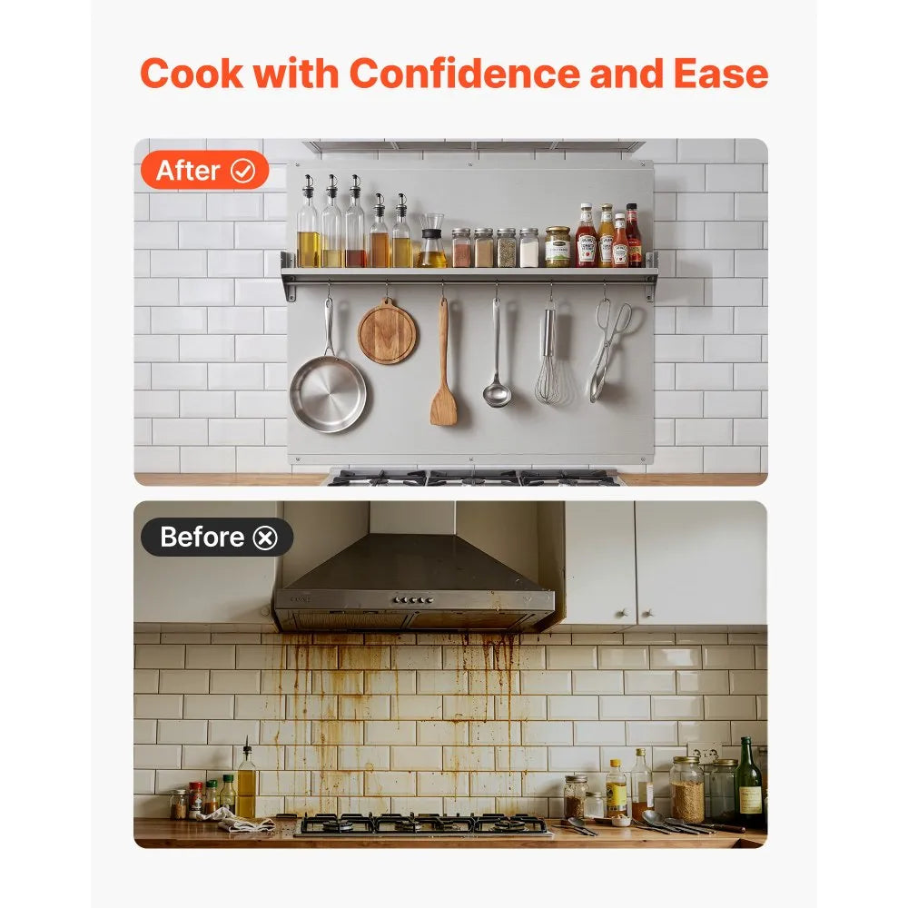 VEVOR 36" x 30" Stainless Steel Backsplash for Stove, Ultra Flat Splatter Guard with Storage Shelf & Hanging Rack, Wall Shield Range Hood Panel, Easy Clean, Pre-Drilled Holes for Easy Installation