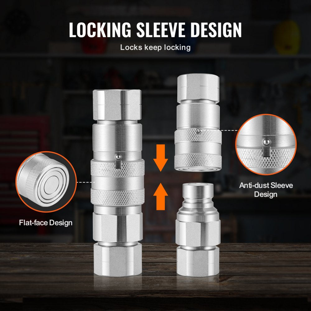 VEVOR 1/2" Flat Face Hydraulic Couplers, 1/2" NPT Skid Steer Hydraulic Quick Connect Couplers with 4 Dust Caps (ISO16028)