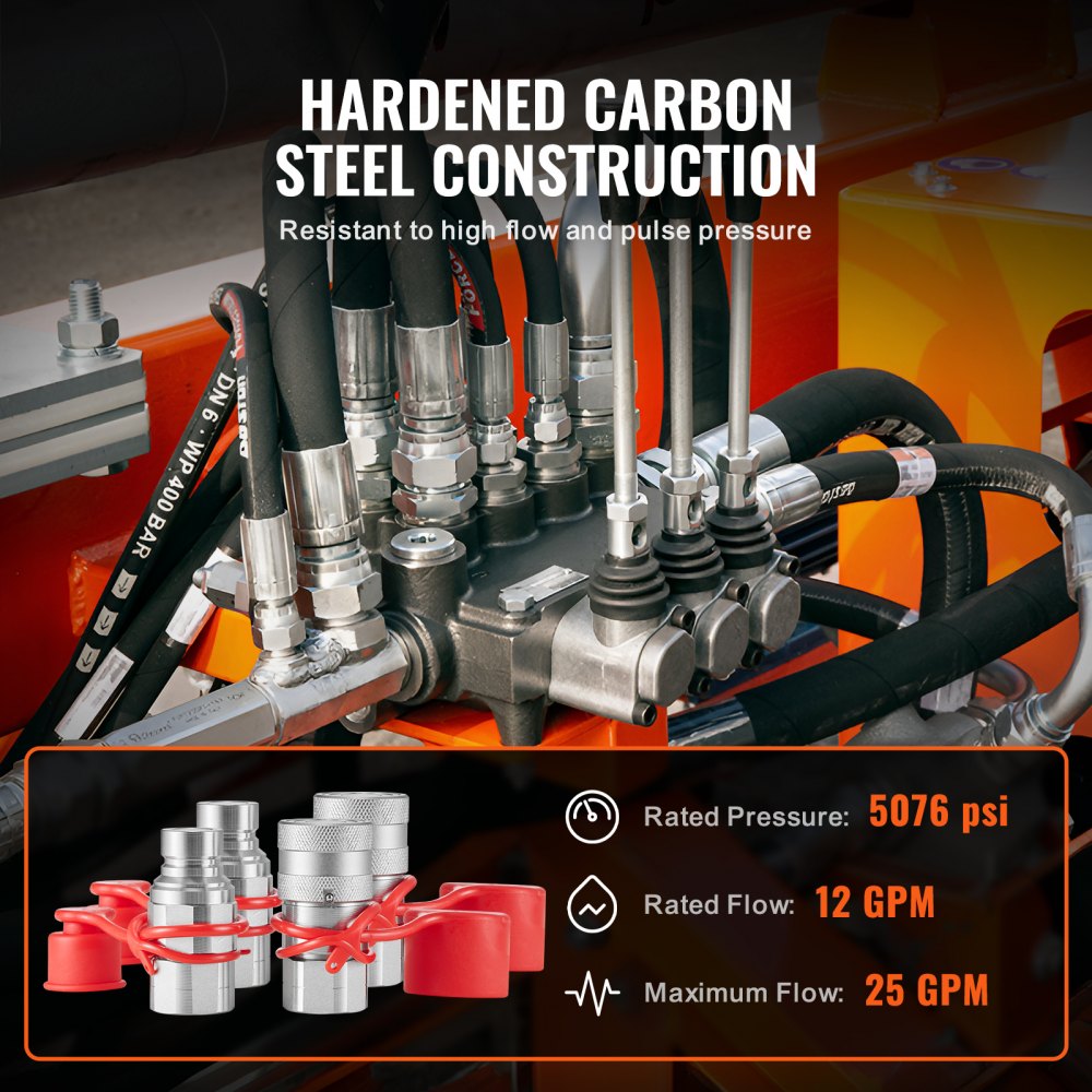 VEVOR 1/2" Flat Face Hydraulic Couplers, 1/2" NPT Skid Steer Hydraulic Quick Connect Couplers with 4 Dust Caps (ISO16028)