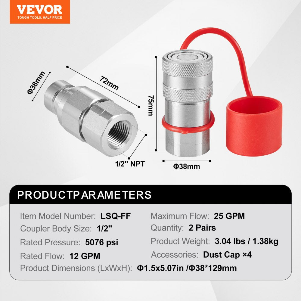 VEVOR 1/2" Flat Face Hydraulic Couplers, 1/2" NPT Skid Steer Hydraulic Quick Connect Couplers with 4 Dust Caps (ISO16028)