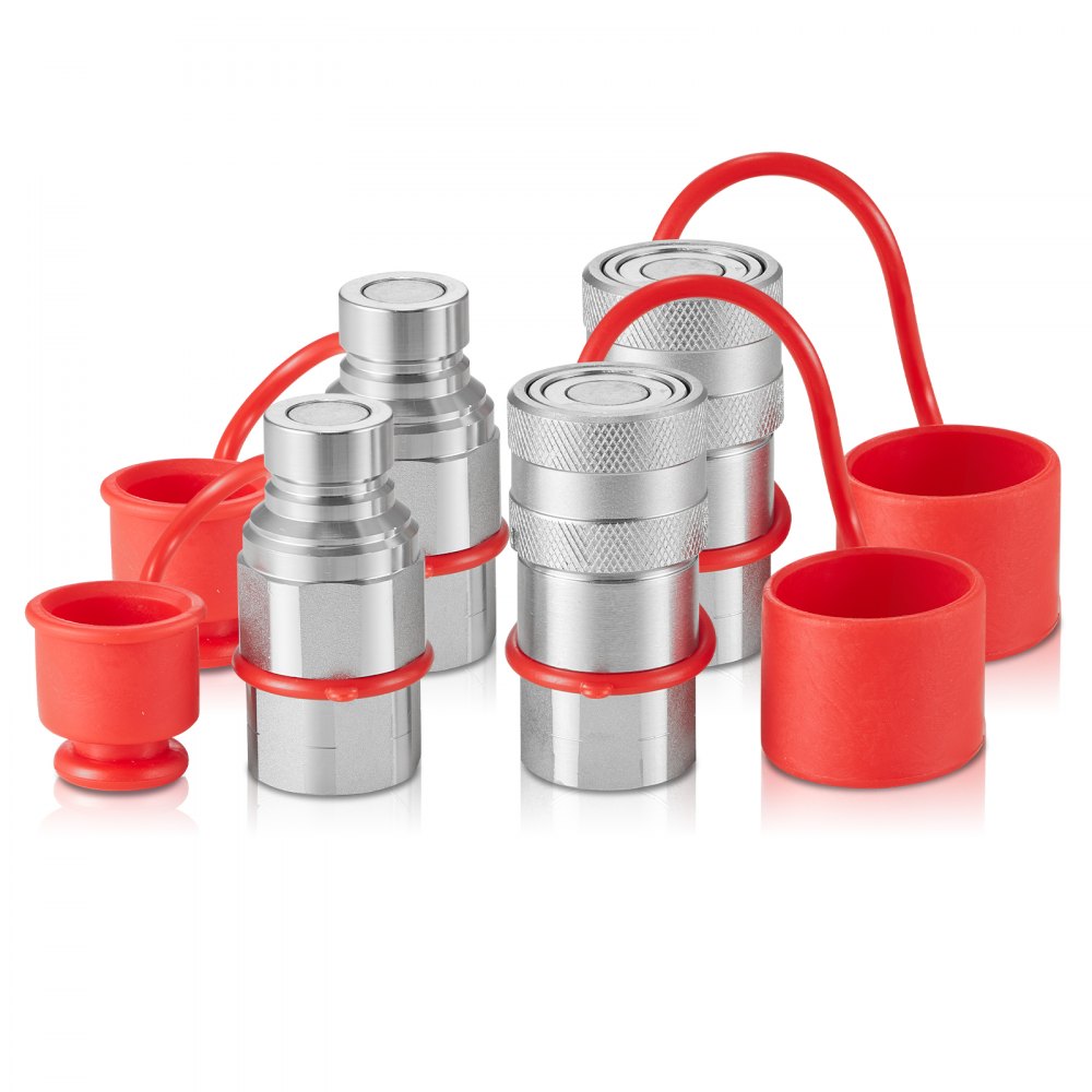 VEVOR 1/2" Flat Face Hydraulic Couplers, 1/2" NPT Skid Steer Hydraulic Quick Connect Couplers with 4 Dust Caps (ISO16028)