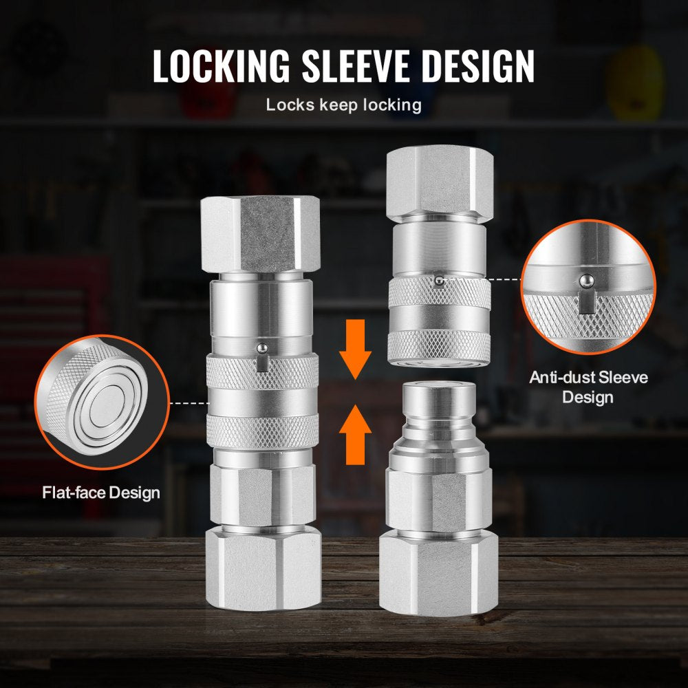 VEVOR 1/2" Flat Face Hydraulic Couplers, 1/2" NPT Skid Steer Hydraulic Quick Connect Couplers with 2 Dust Caps (ISO16028)