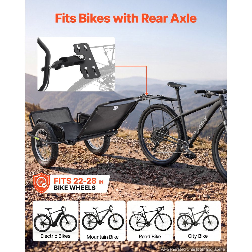 VEVOR Bike Cargo Trailer 320 lbs Load Heavy-Duty Bicycle Game Cart Foldable, All-Purpose Utility Trailer with 16-Inch Wheels for Any Terrain, Off-Road, Carbon Steel Frame, Fits 22-28 in Bike Wheels