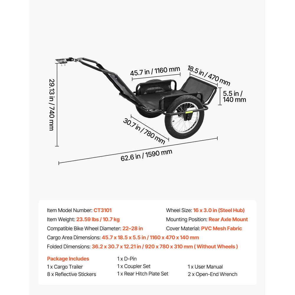VEVOR Bike Cargo Trailer 320 lbs Load Heavy-Duty Bicycle Game Cart Foldable, All-Purpose Utility Trailer with 16-Inch Wheels for Any Terrain, Off-Road, Carbon Steel Frame, Fits 22-28 in Bike Wheels