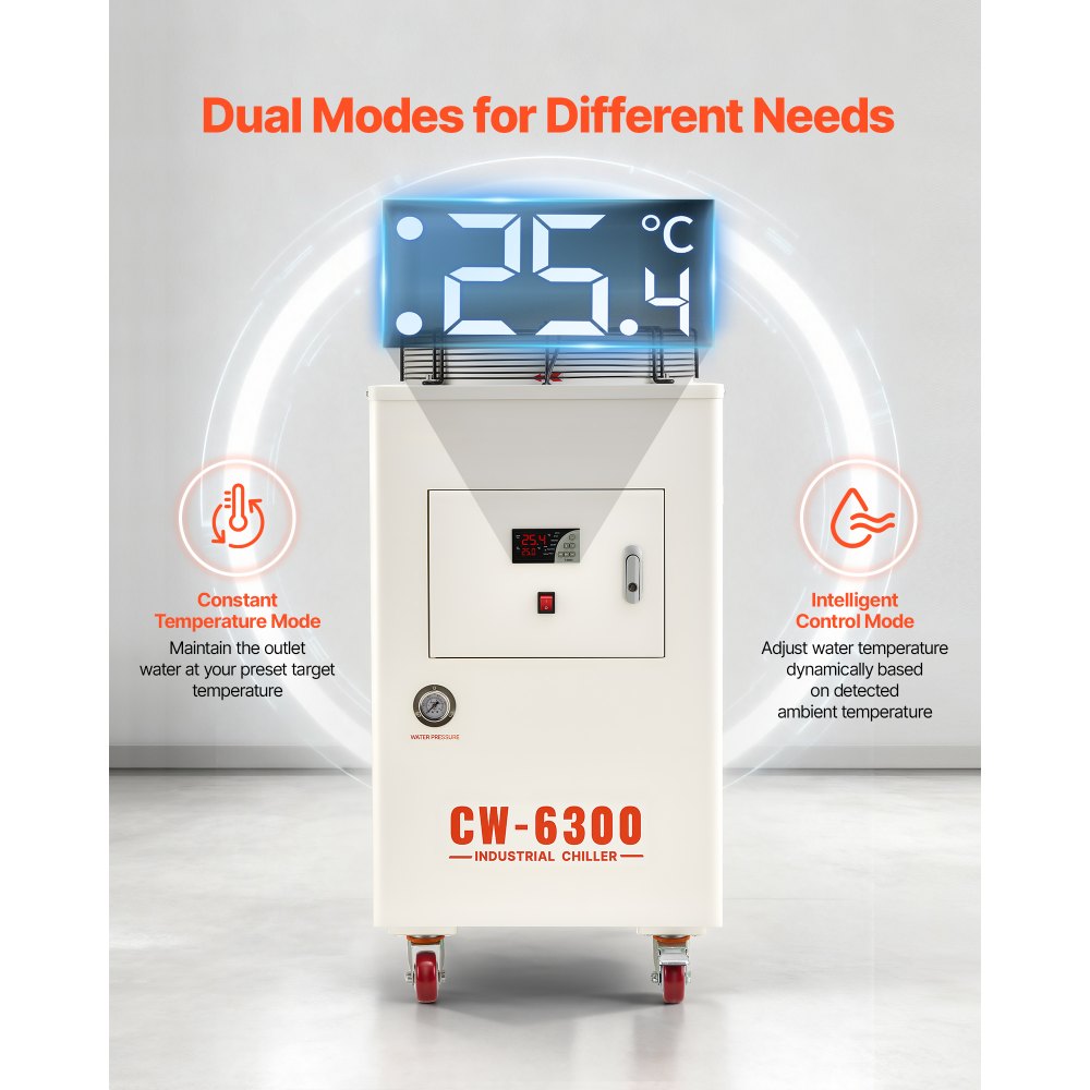 VEVOR Industrial Water Chiller, 27,300 BTU/h, Industrial Water Cooler Cooling System with Compressor, 10.6  Gal Tank Capacity, 18.5 GPM Max Flow Rate, for CO2 Laser Tube Engraving & Cutting Machine
