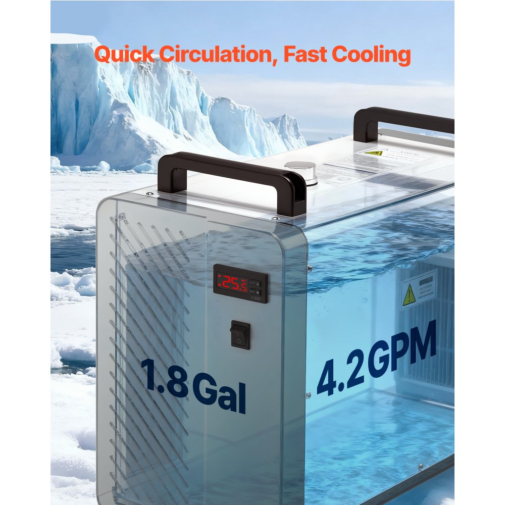 VEVOR Industrial Water Chiller, 5460 BTU/h, Industrial Water Cooler Cooling System with Compressor, 4.2 GPM Max Flow, 1.8  Gal Tank Capacity, Laser Chiller, for CO2 Laser Engraving & Cutting Machine