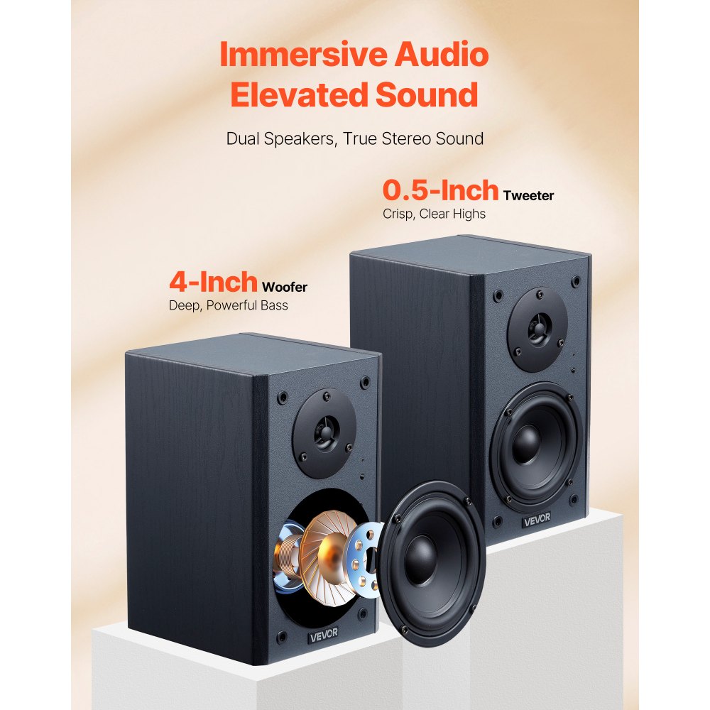 VEVOR Powered Bookshelf Speakers, 20W x 2, Active Studio Monitor Speaker with 4 Inch Woofer, Adjustable Volume and Audio with Bluetooth Optical Connection, Wooden Enclosure, for Record Player PC TV