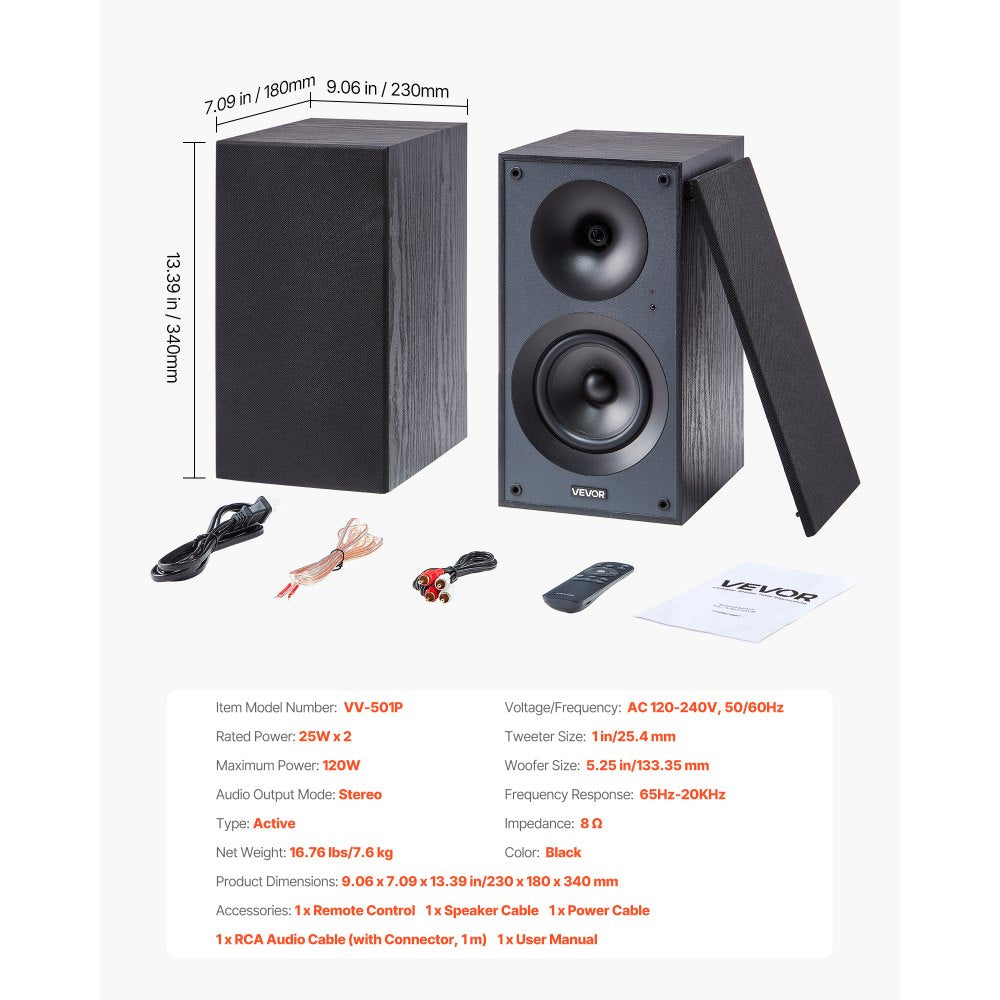 VEVOR Powered Bookshelf Speakers, 25W x 2, Active Studio Monitor Speaker with 5.25 Inch Woofer, Bluetooth/RCA/Coaxial/Optical/USB/Subwoofer Connection, Wooden Enclosure, for Record Player Turntable PC