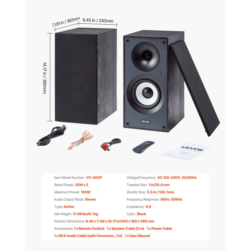 VEVOR Powered Bookshelf Speakers, 25W x 2, Active Studio Monitor Speaker with 5.5 Inch Woofer, Bluetooth/RCA/Coaxial/Optical/USB/Subwoofer Connection, Wooden Enclosure, for Record Player Turntable PC
