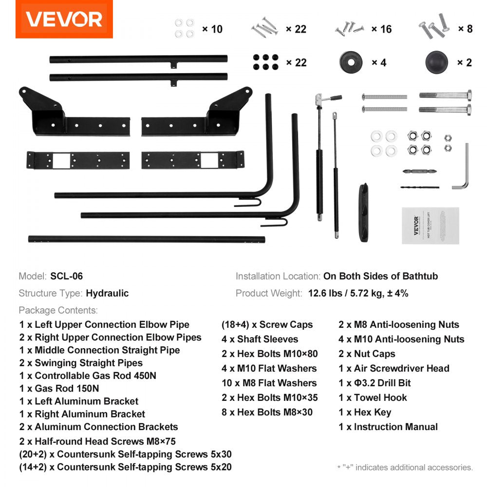 VEVOR Hydraulic Hot Tub Cover Lift, Spa Cover Lift, Adjustable Width from 69 in to 96.5 in, Mounts on Both Top Sides, Compatible with Various Sizes of Rectangular Bathtubs, Hot Tubs and Spas