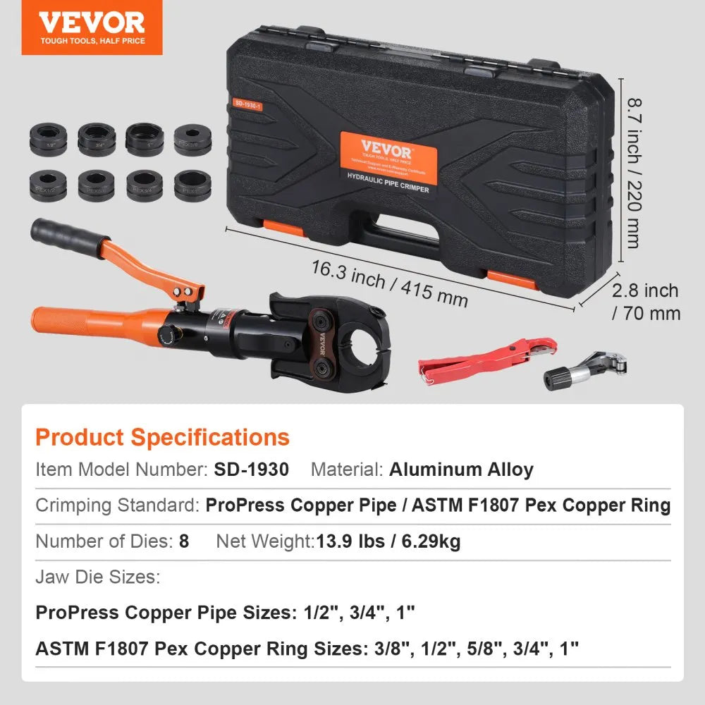 VEVOR Copper Pipe Crimping Tool, Hydraulic Driven Press Tool with 1/2", 3/4", 1" Jaws for VUS Type Copper Pipes and  3/8", 1/2", 5/8", 3/4", 1" Jaws for ASTM F1807 Pex Pipe Copper Ring
