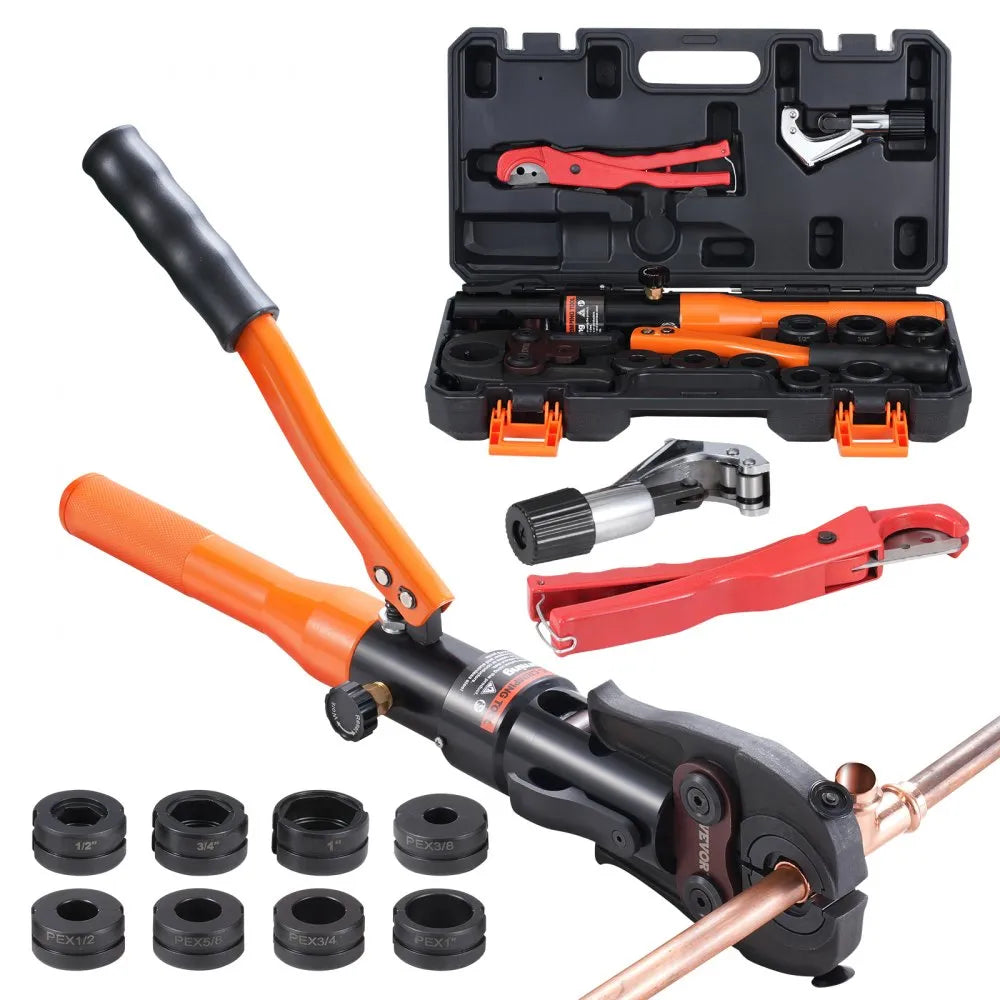 VEVOR Copper Pipe Crimping Tool, Hydraulic Driven Press Tool with 1/2", 3/4", 1" Jaws for VUS Type Copper Pipes and  3/8", 1/2", 5/8", 3/4", 1" Jaws for ASTM F1807 Pex Pipe Copper Ring