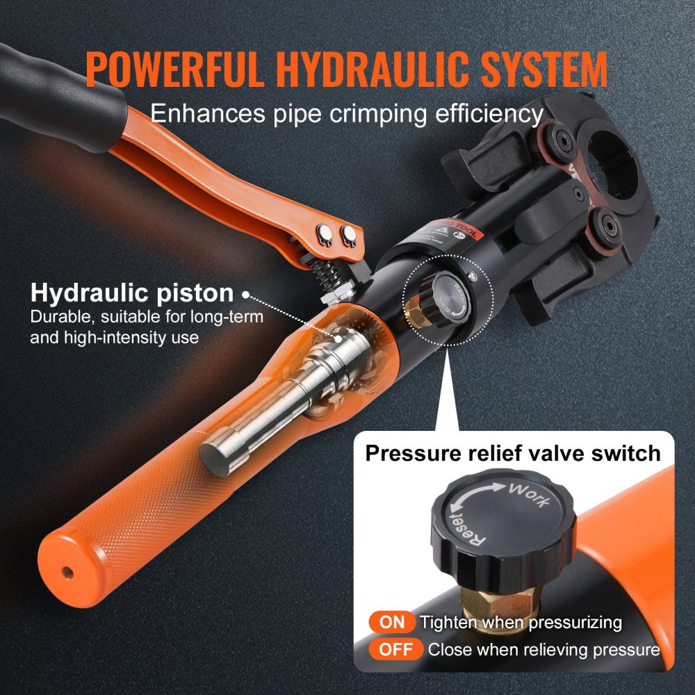 VEVOR Copper Pipe Crimping Tool, Hydraulic Driven Press Tool with 1/2", 3/4", 1" VUS Jaws, Copper Tube Fittings Pipe Crimpers for Narrow Spaces and Tee Fittings