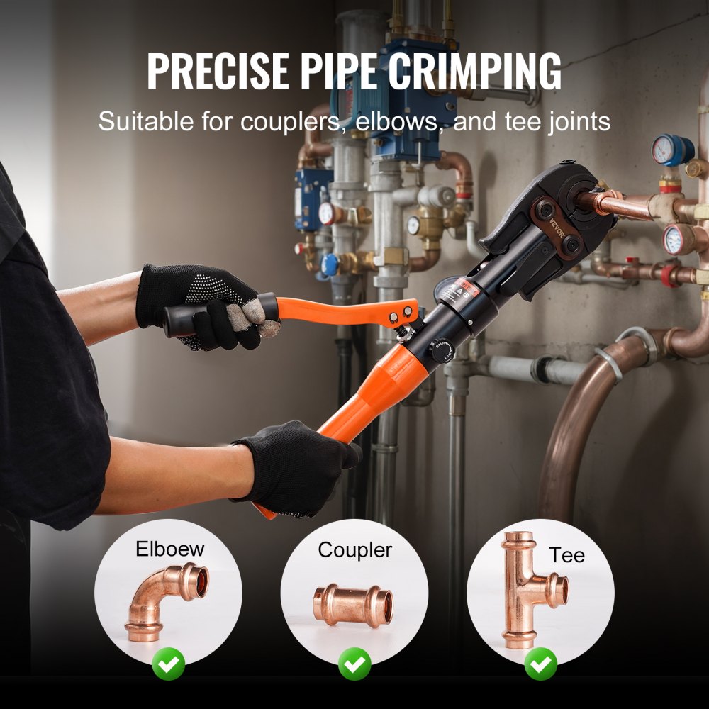 VEVOR Copper Pipe Crimping Tool, Hydraulic Driven Press Tool with 1/2", 3/4", 1" VUS Jaws, Copper Tube Fittings Pipe Crimpers for Narrow Spaces and Tee Fittings