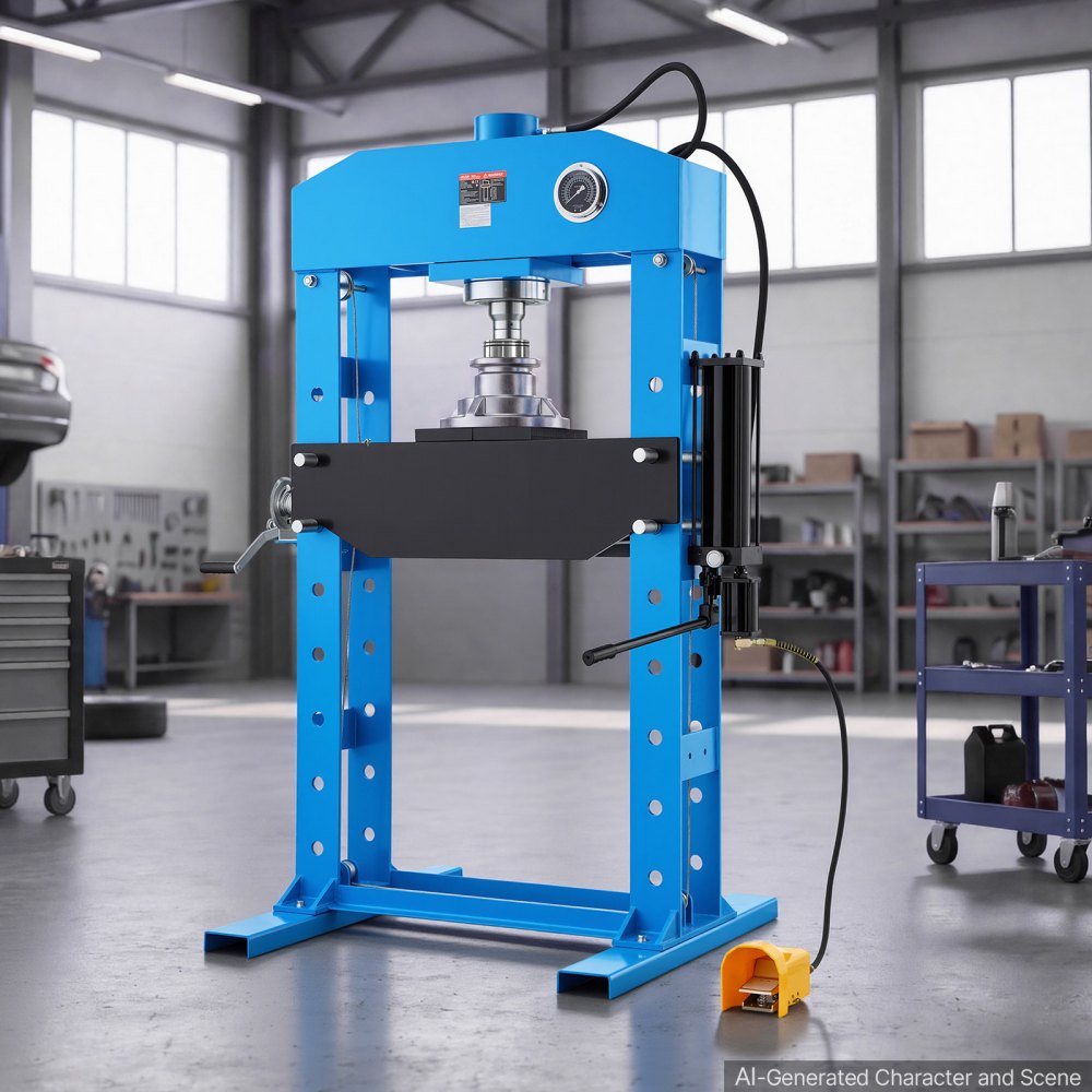 VEVOR 75-Ton Shop Press, Pneumatic/Manual Hydraulic Shop Press with Foot Pedal, Hand Wheel & Pressure Gauge, H-Frame Heavy-Duty Garage Floor Adjustable Shop Press for Bending, Straightening, Pressing