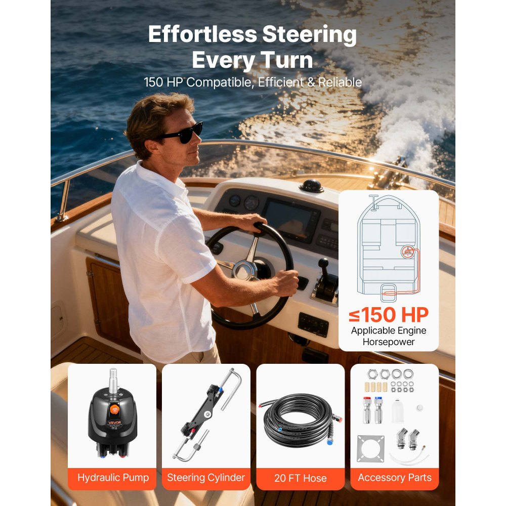 VEVOR Hydraulic Steering Kit, 150 HP, Marine Boat Hydraulic Steering System, with 6.9 MPa/1000 psi Helm Pump, Two-Way Lock Cylinder, and 24ft High-Strength Hoses, for Single Station, Single-Engine Use