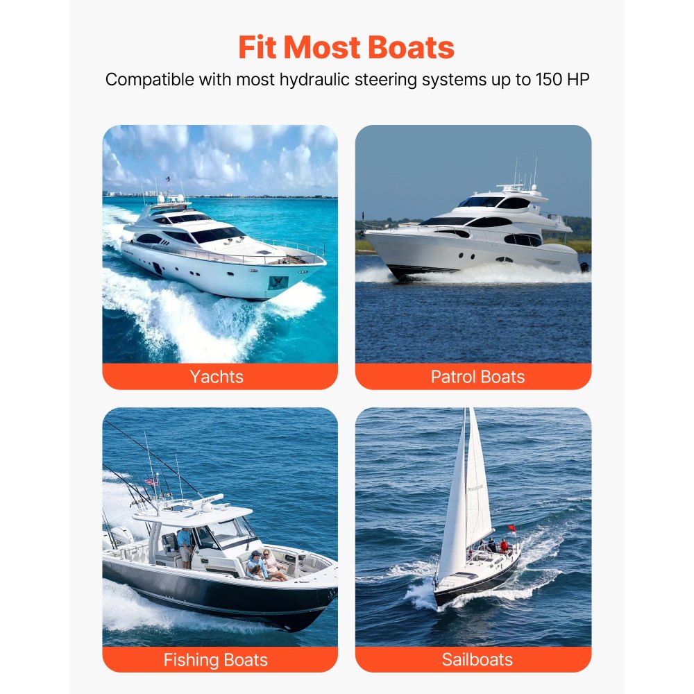 VEVOR Hydraulic Steering Kit, 150 HP, Marine Boat Hydraulic Steering System, with 6.9 MPa/1000 psi Helm Pump, Two-Way Lock Cylinder, and 24ft High-Strength Hoses, for Single Station, Single-Engine Use