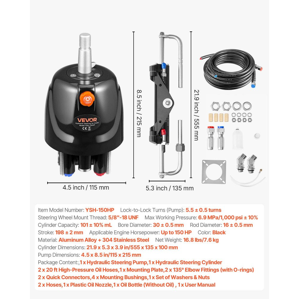 VEVOR Hydraulic Steering Kit, 150 HP, Marine Boat Hydraulic Steering System, with 6.9 MPa/1000 psi Helm Pump, Two-Way Lock Cylinder, and 24ft High-Strength Hoses, for Single Station, Single-Engine Use