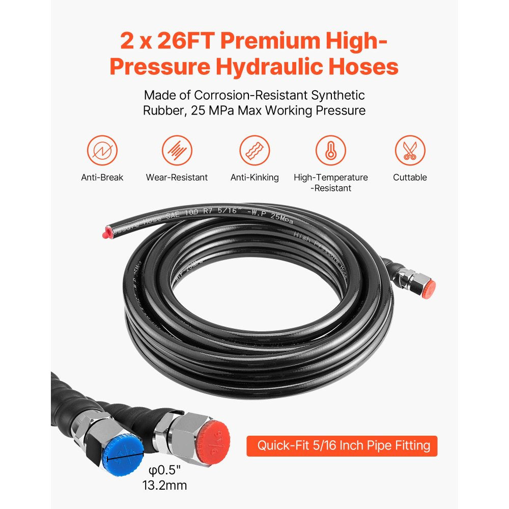 VEVOR Hydraulic Steering Kit, 200 HP, Marine Boat Hydraulic Steering System, with 6.9 MPa/1000 psi Helm Pump, Two-Way Lock Cylinder, and 26ft High-Strength Hoses, for Single Station, Single-Engine Use