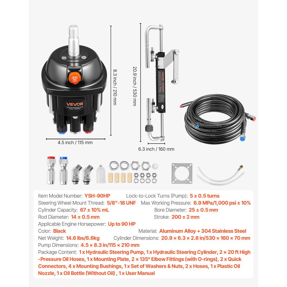 VEVOR Hydraulic Steering Kit, 90 HP, Marine Boat Hydraulic Steering System, with 6.9 MPa/1000 psi Helm Pump, Two-Way Lock Cylinder, and 20 ft High-Strength Hoses, for Single Station, Single-Engine Use