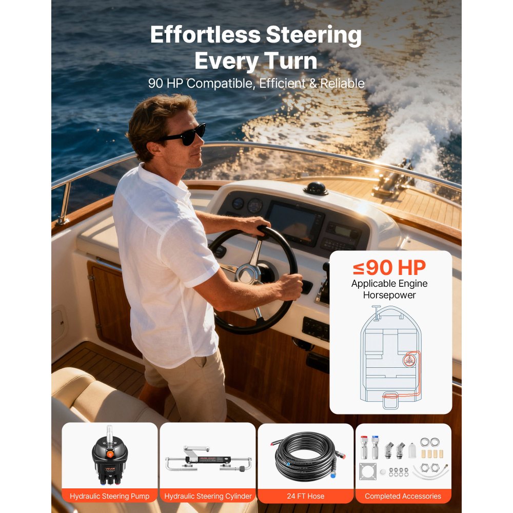 VEVOR Hydraulic Steering Kit, 90 HP, Marine Boat Hydraulic Steering System, with 6.9 MPa/1000 psi Helm Pump, Two-Way Lock Cylinder, and 24 ft High-Strength Hoses, for Single Station, Single-Engine Use
