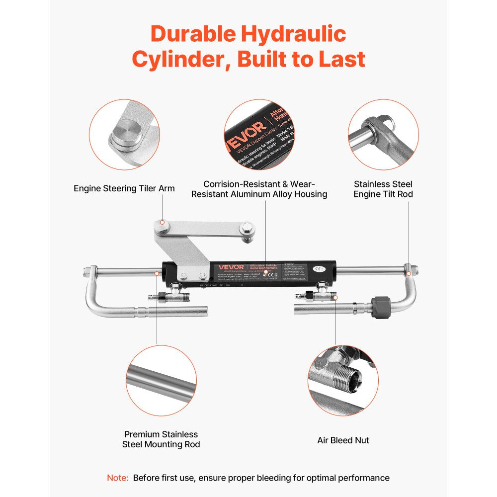 VEVOR Hydraulic Steering Kit, 90 HP, Marine Boat Hydraulic Steering System, with 6.9 MPa/1000 psi Helm Pump, Two-Way Lock Cylinder, and 24 ft High-Strength Hoses, for Single Station, Single-Engine Use