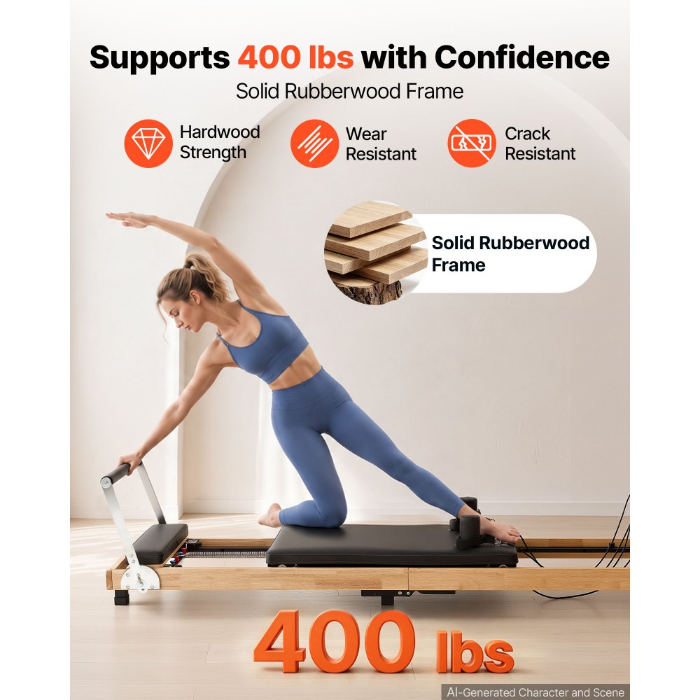 VEVOR Pilates Reformer 96" Foldable Pilates Machine 400 lbs Rubberwood, for Home Use and Gym Workout, with Jump Board, Springs, Sitting Box, and Adjustable Headerest, for Advanced Beginners Users