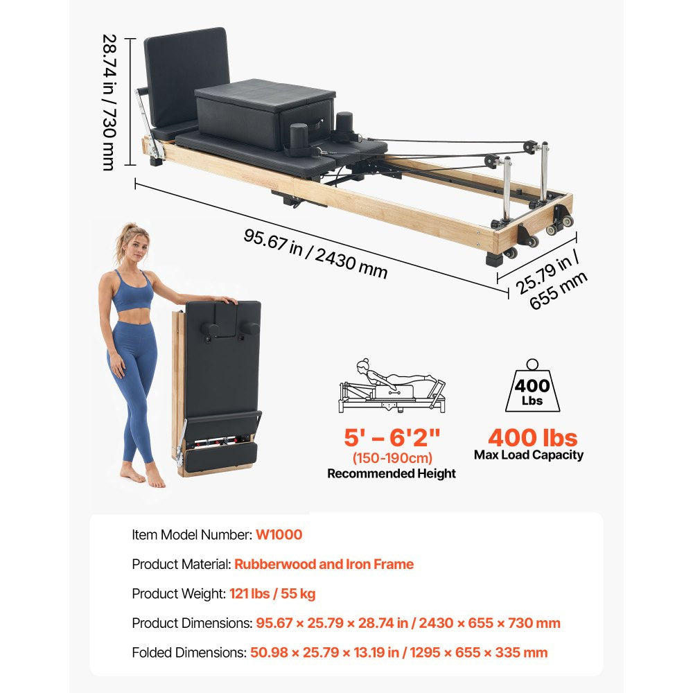 VEVOR Pilates Reformer 96" Foldable Pilates Machine 400 lbs Rubberwood, for Home Use and Gym Workout, with Jump Board, Springs, Sitting Box, and Adjustable Headerest, for Advanced Beginners Users