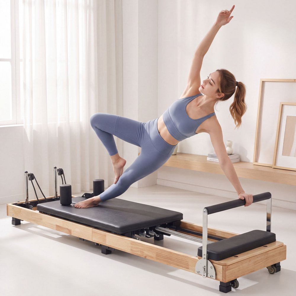 VEVOR Pilates Reformer 96" Foldable Pilates Machine 400 lbs Rubberwood, for Home Use and Gym Workout, with Jump Board, Springs, Sitting Box, and Adjustable Headerest, for Advanced Beginners Users